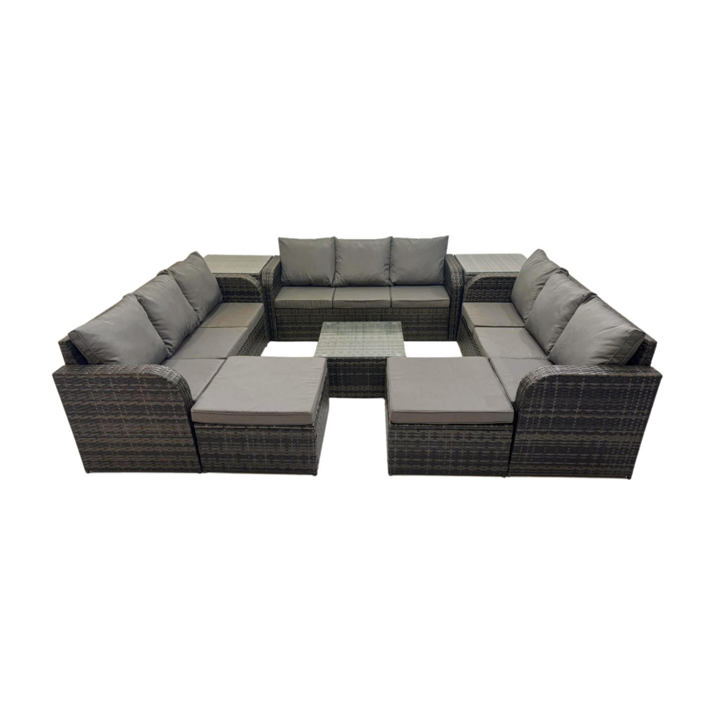 GARTENMÖBELGARNITUR mit KISSEN Polyrattan Dunkelgrau 11-Sitzer - Dunkelgrau/Grau, Glas/Kunststoff - Fimous