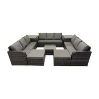 GARTENMÖBELGARNITUR mit KISSEN Polyrattan Dunkelgrau 11-Sitzer - Dunkelgrau/Grau, Glas/Kunststoff - Fimous