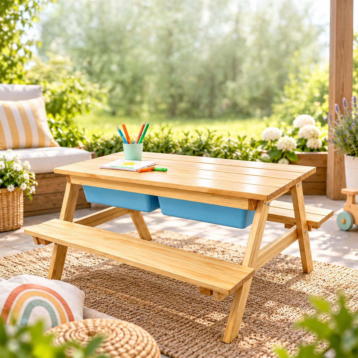 SESTAVA Světle hnědá hrací stolek na písek a vodu 2 vaničky - světle hnědá, dřevo/plast - Relaxdays
