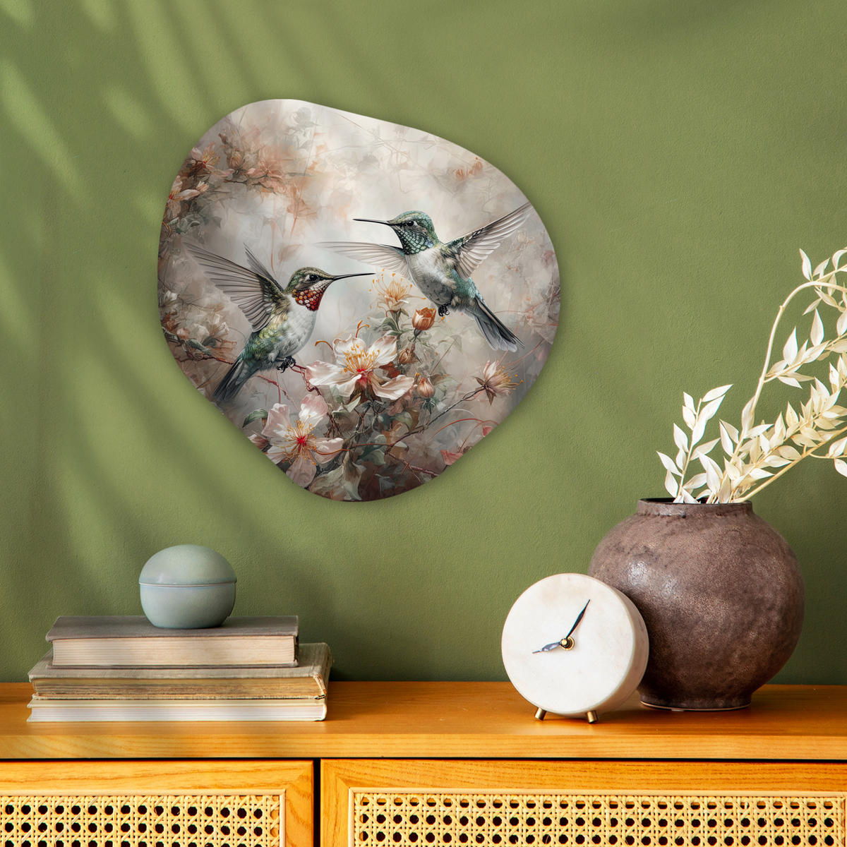 WANDBILD Kolibri - Vögel - Blumen - Pflanzen 40x40 cm - Hellgrün, Kunststoff (40/40cm) - MuchoWow