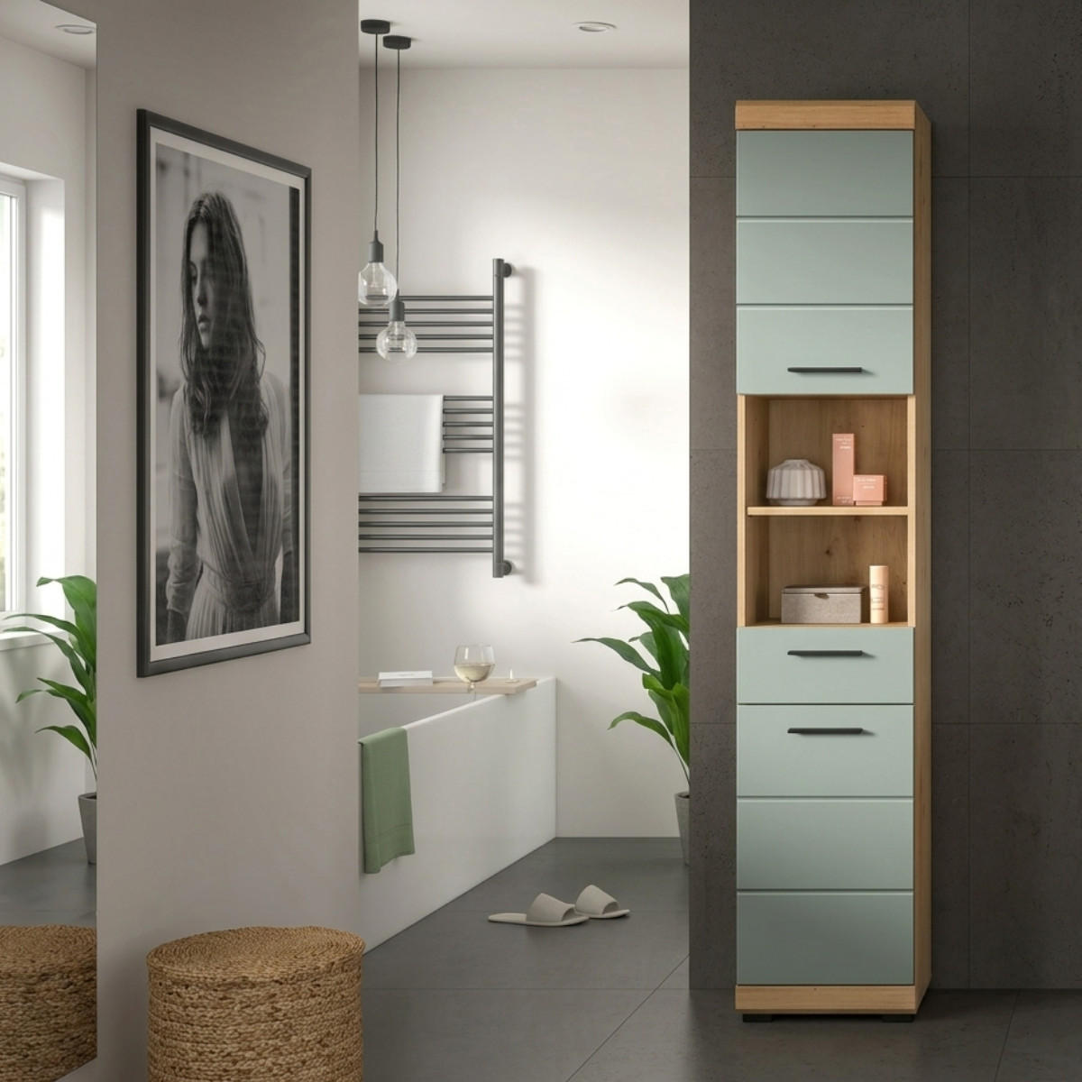 BADEZIMMERSCHRANK 2 Türen 1 Schublade 31/191/37 cm - Grün, Holzwerkstoff (31/191/43cm) - Calicosy