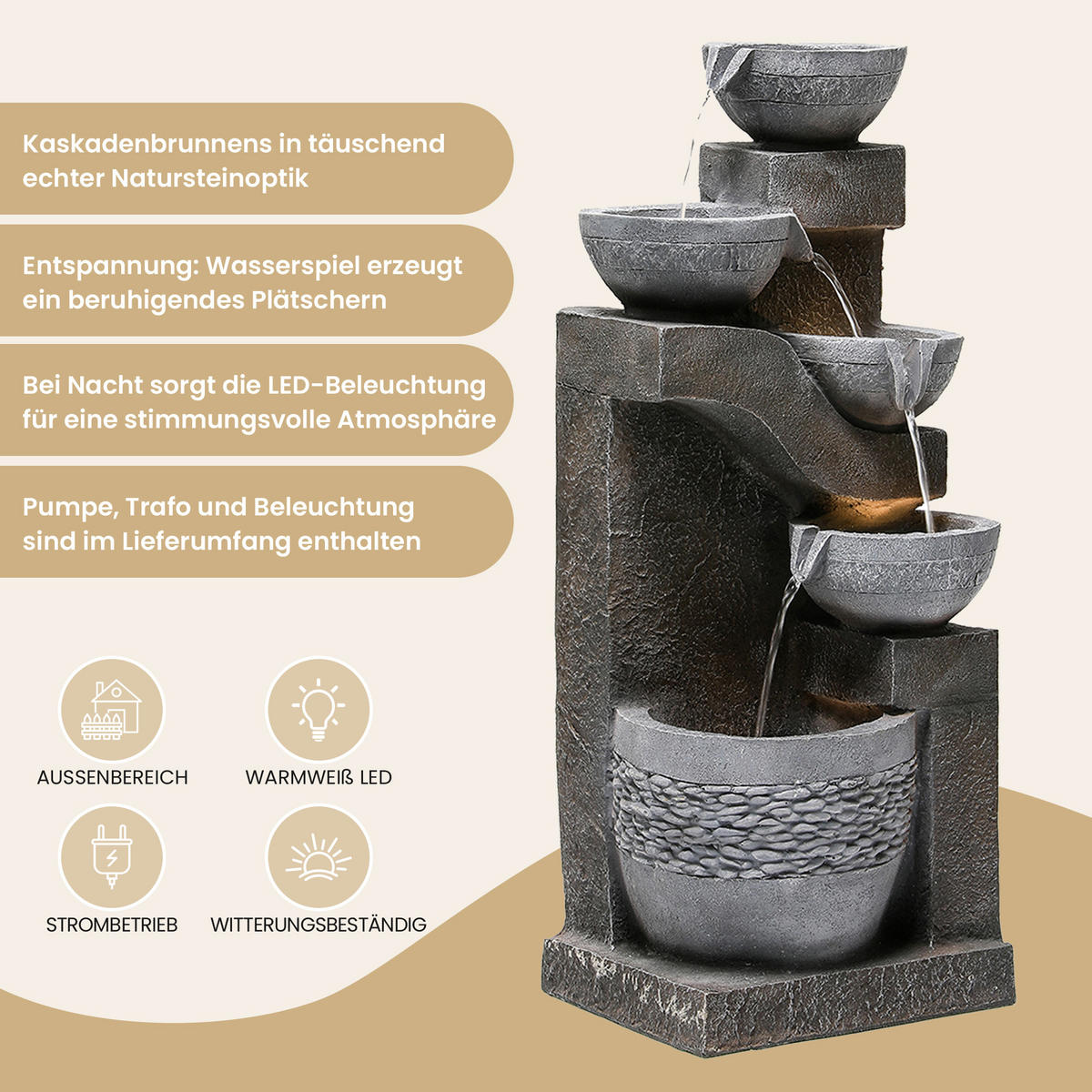 GARTENBRUNNEN, LED-Beleuchtung, Kunststein, Wasserspiel, Grau - Grau, Naturmaterialien (33.5/30.5/77.5cm) - FLIEKS