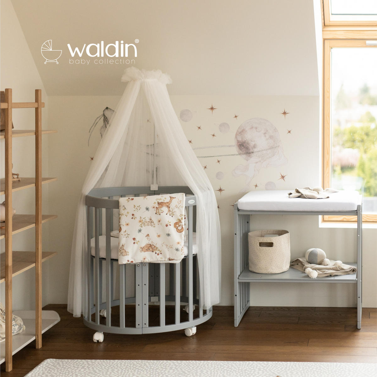 BABYBETT GREY OVAL 7in1 mit Matratze und Himmelset - Multicolor/Grau, Holz/Textil