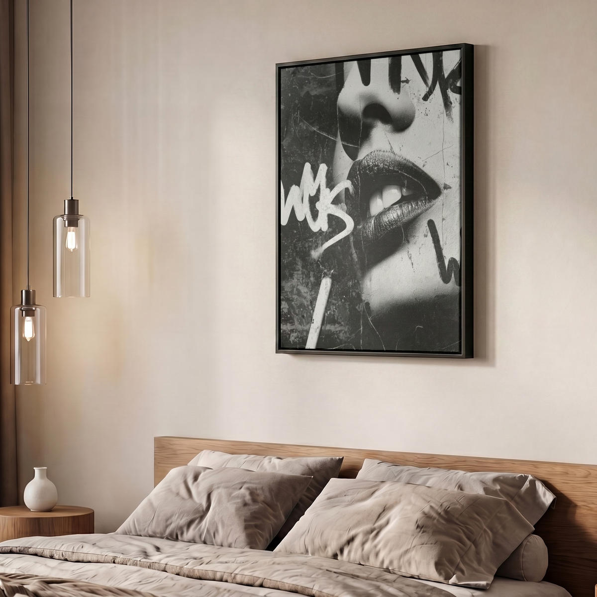 LEINWAND Bilder mit Rahmen - Gesicht - Mund - Graffiti - Schwarz - 50x70 - Schwarz, Textil (50/70cm) - MuchoWow