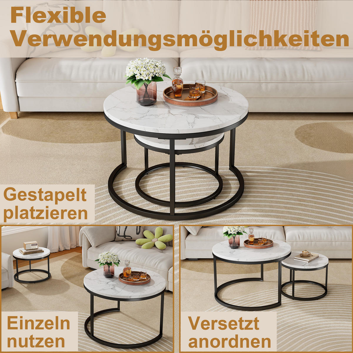 COUCHTISCH 2er Set 70/70/45 cm in Weiß und Schwarz aus MDF mit Metallrahmen - Schwarz/Weiß, Holzwerkstoff/Metall (70/70/45cm) - CHICFURN