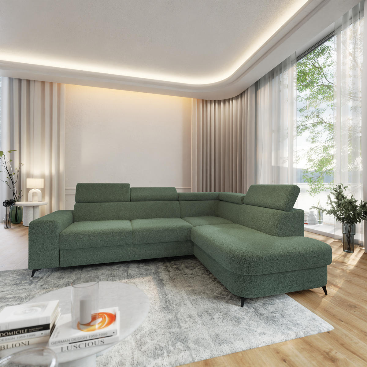 ECKSOFA ALVORO R-S Grün Boucle-Stoff mit Schlaffunktion - Grün, Holz (253/190cm) - MASSENO