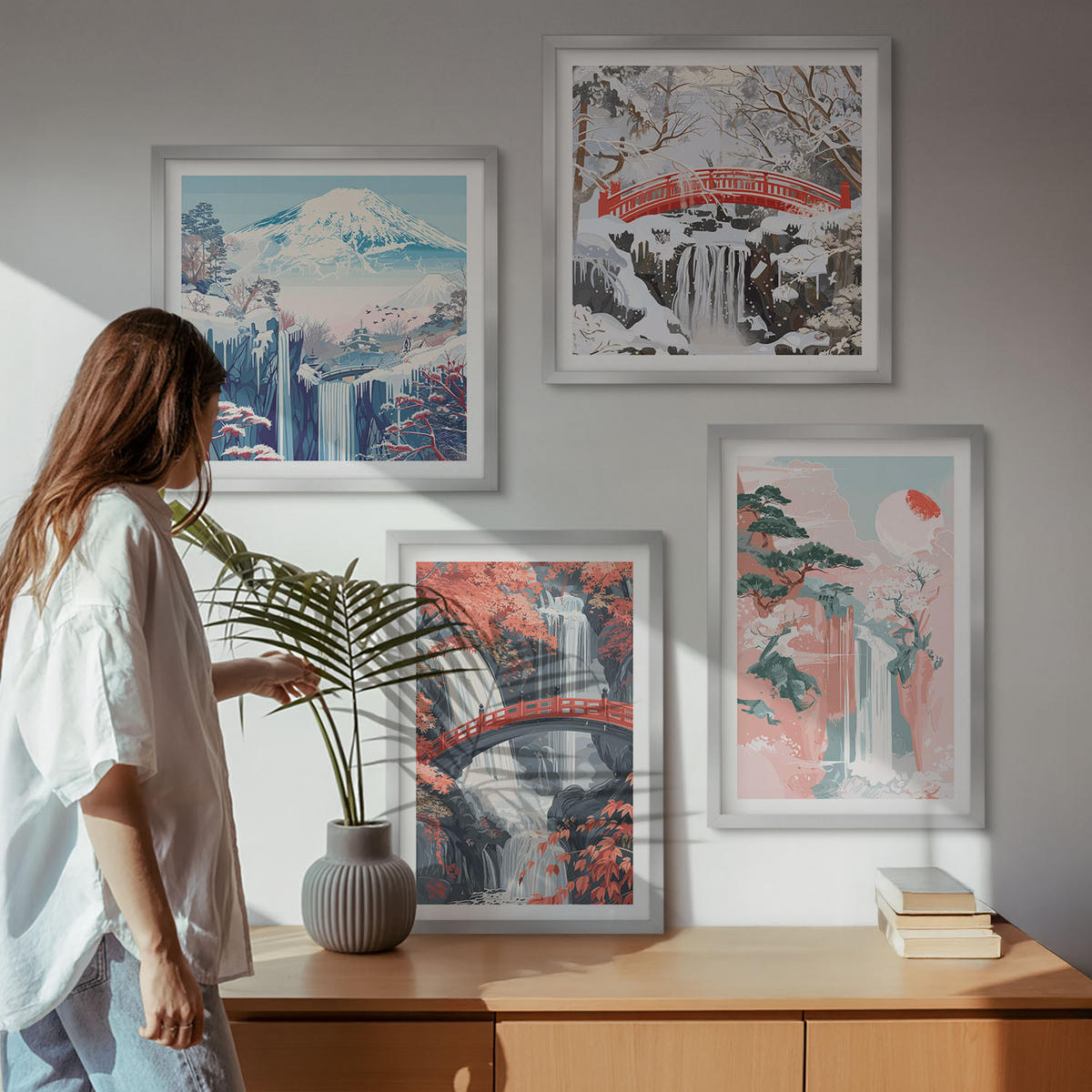 WANDBILDER 4er Set - 50x50 cm & 40x60 cm Silberner Rahmen - Wasserfälle, Brücken, Bäume, Jahreszeiten - Silberfarben, Kunststoff (50/50cm) - ArtPrintCave