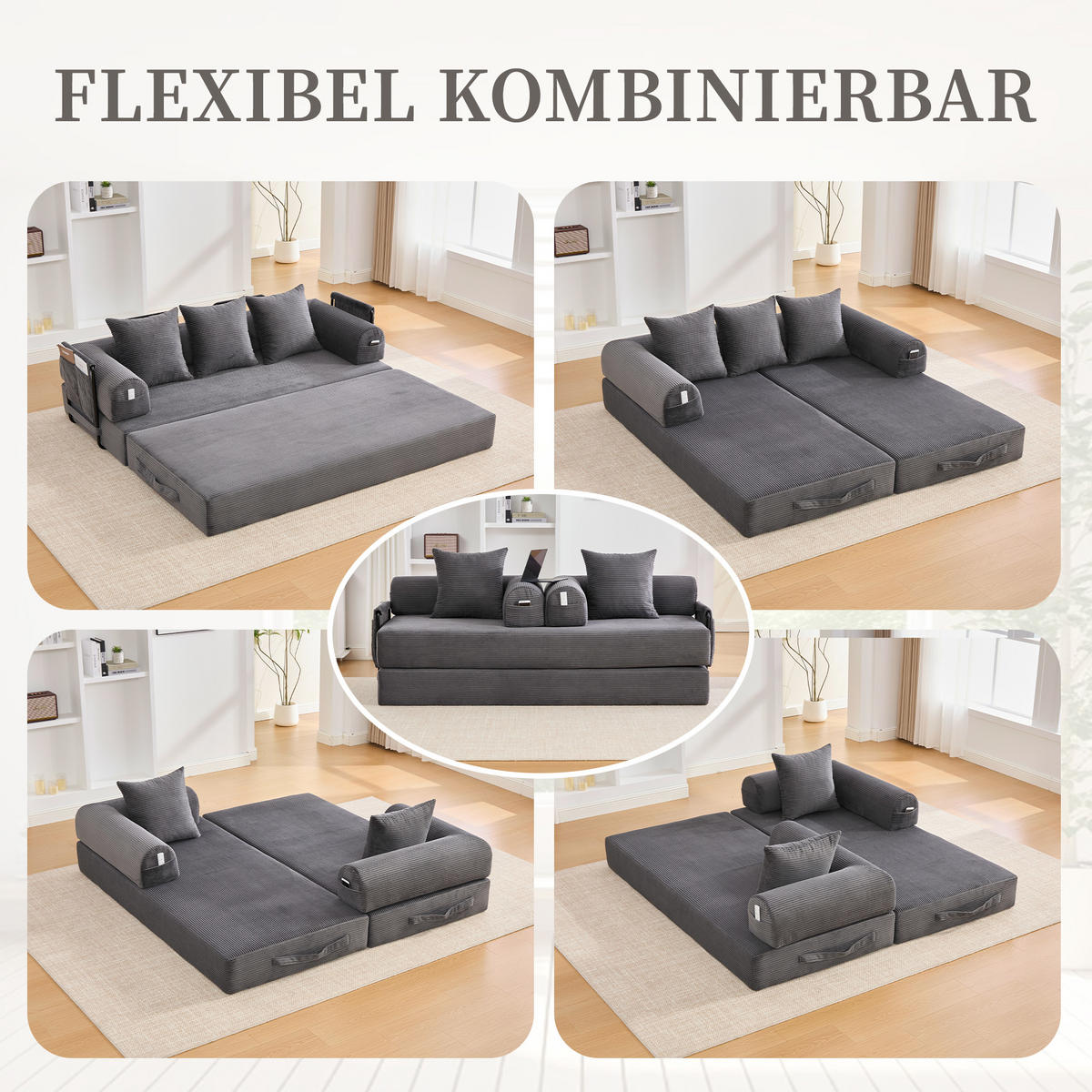 SCHLAFSOFA, Modulares Tagesbett mit Metallgestell, Klappbares Bodensofa Cordstoff, Dunkelgrau - Dunkelgrau, Textil (94/67/200cm) - LVHOM