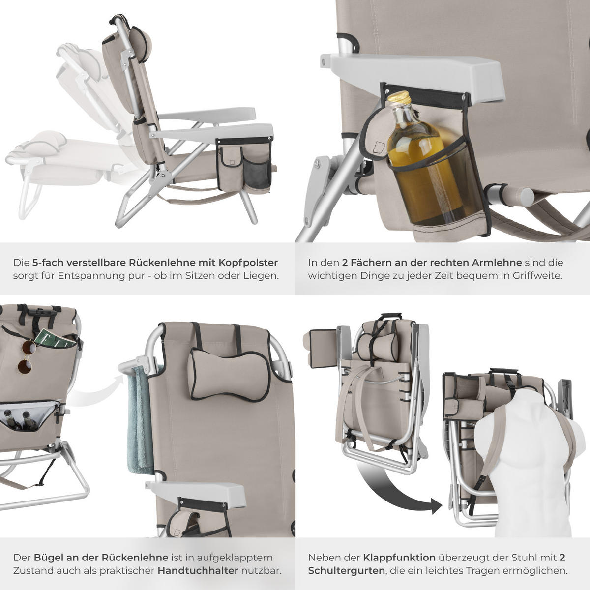 STRANDSTUHL Coral, rückseitige Kühltasche und Aufbewahrungstasche, beige - Beige, Kunststoff (63/78/101cm) - tectake