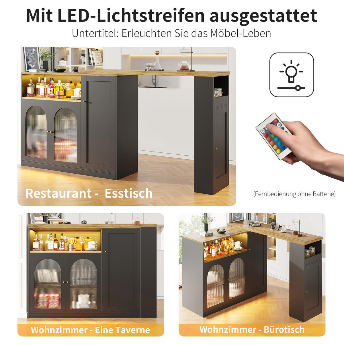 BAROVÝ stůl z MDF 197/39,6/100 cm s otočnou deskou 360°, LED osvětlením a skleněnými dvířky, Černá - černá, kompozitní dřevo (39.6/97/108cm) - Redom