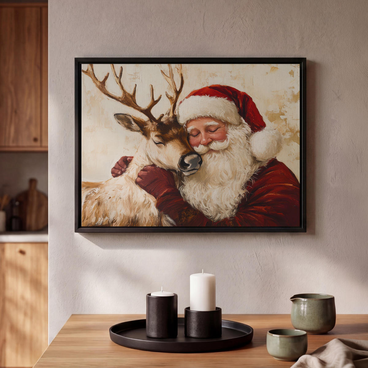 LEINWAND Bilder mit Rahmen - Weihnachtsmann - Rentier - Weihnachten - 40x30 - Rotbraun, Textil (40/30cm) - MuchoWow