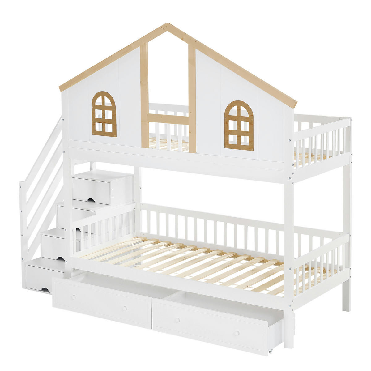 ETAGENBETT 90/200 cm mit Stauraumtreppe, 2 Schubladen, Fenstern und Fallschutz aus Kiefer massiv und MDF, Weiß/Natur - Weiß, Holzwerkstoff (90/200cm) - Redom