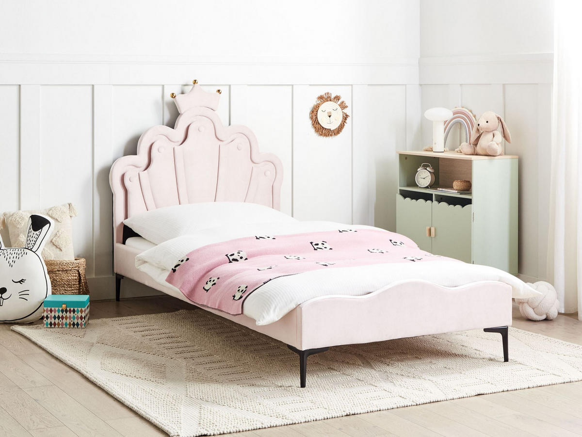 DĚTSKÁ POSTEL Korunka Sametová látka 90/200 cm s LED osvětlením Růžová Rubian - růžová, textil (90/200cm) - Beliani