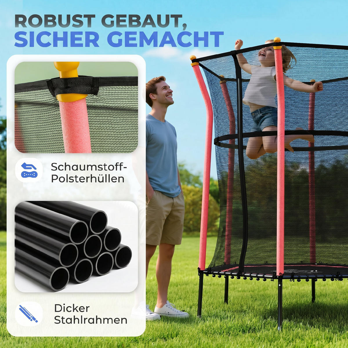 TRAMPOLIN DE-10778 Ø163,5 cm mit Sicherheitsnetz Schwarz & Rot - Rot, Metall (163.5/163.5cm) - ComfortXL