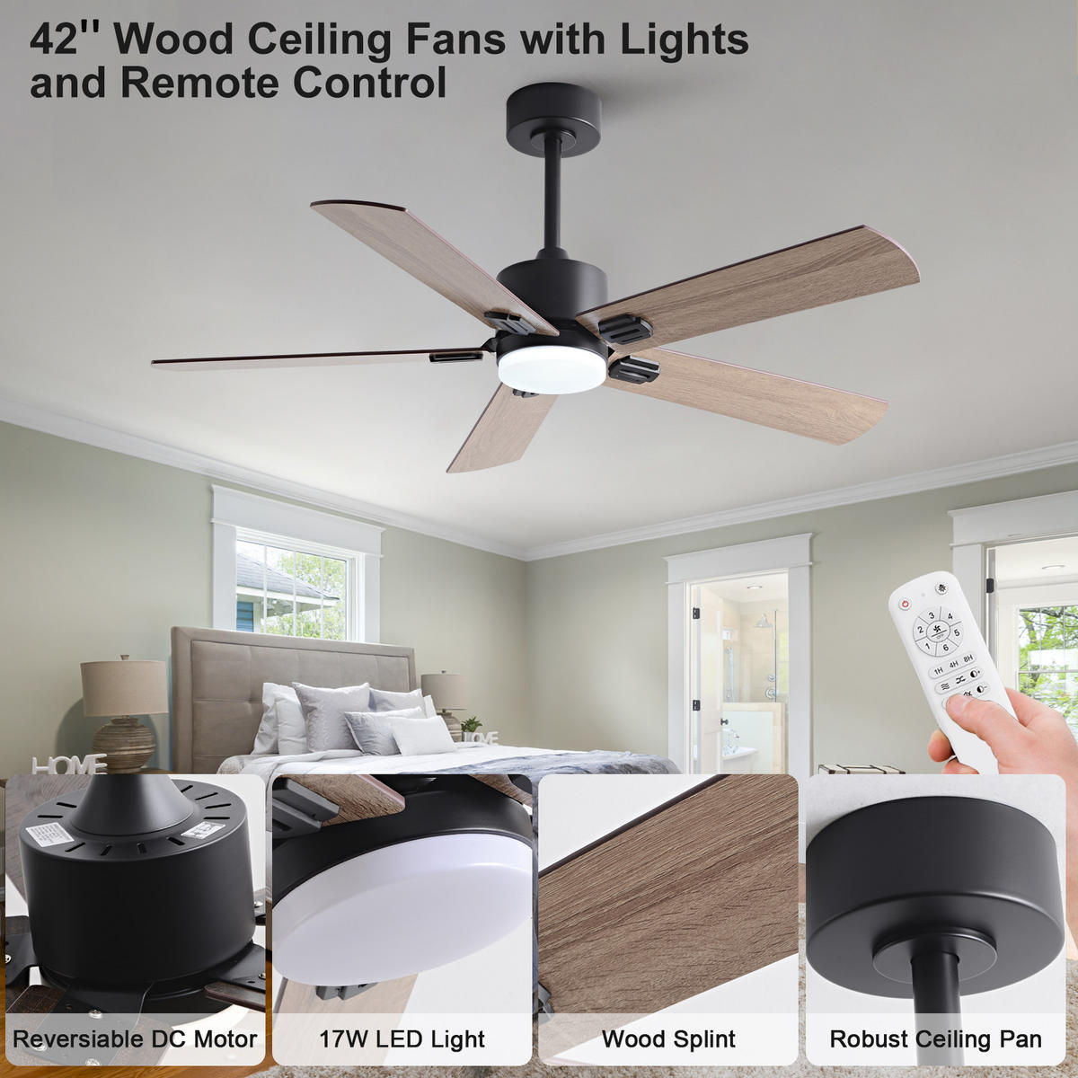 DECKENVENTILATOR DE-16245 42 Zoll mit Doppelfinish & Fernbedienung Schwarz - Walnussfarben, Holz/Metall (107/107/45cm) - ComfortXL
