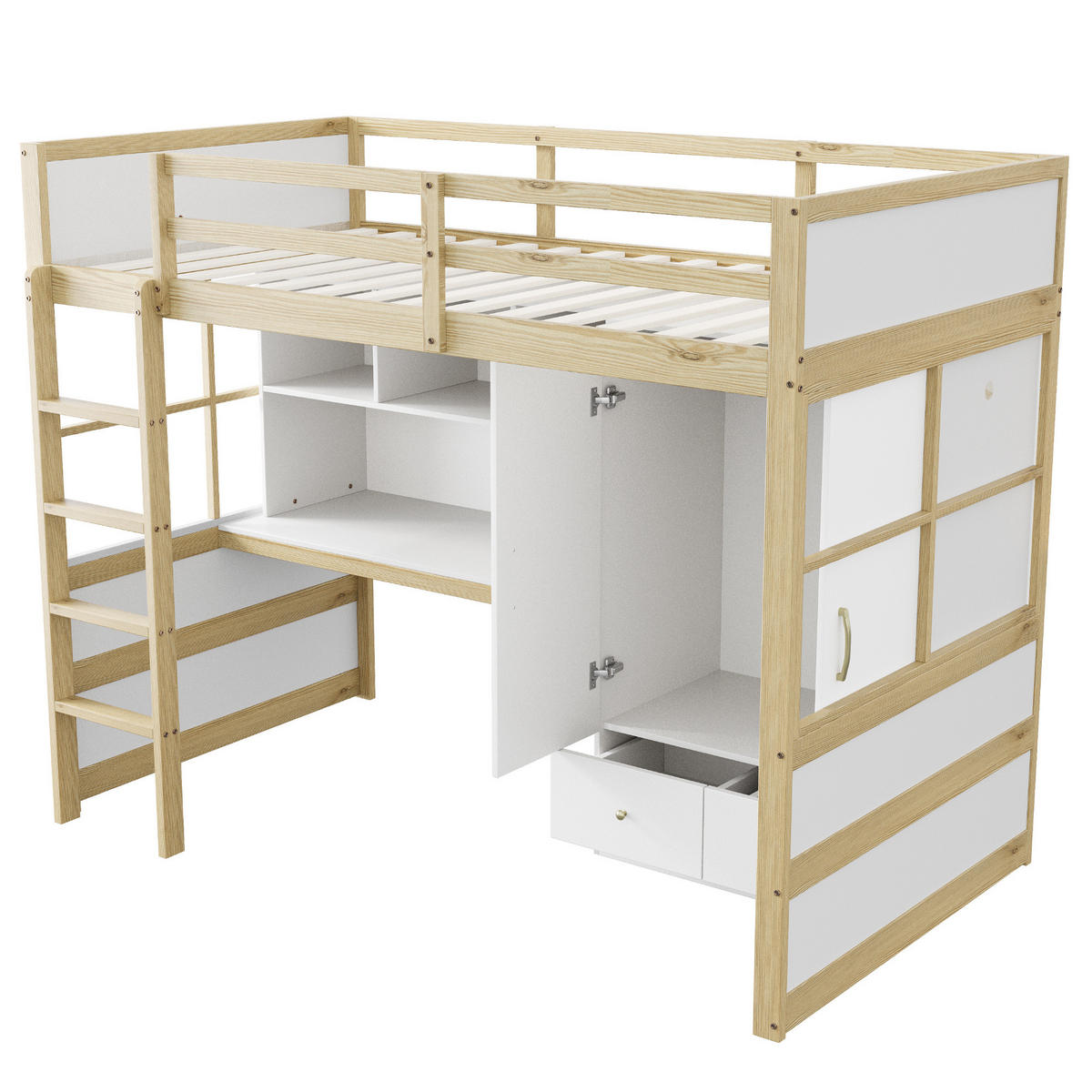 HOCHBETT aus Massivholz 90x200 cm in Naturholz mit Schreibtisch & Kleiderschrank - Naturfarben, Holz (90/200cm) - Modfu
