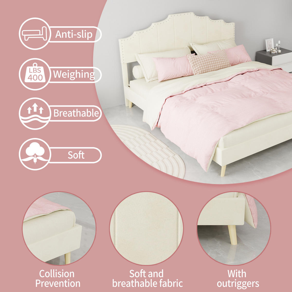POLSTERBETT 160/200 cm DE-35412 mit weichem Kopfteil Beige - Beige, Metall (160/200cm) - ComfortXL