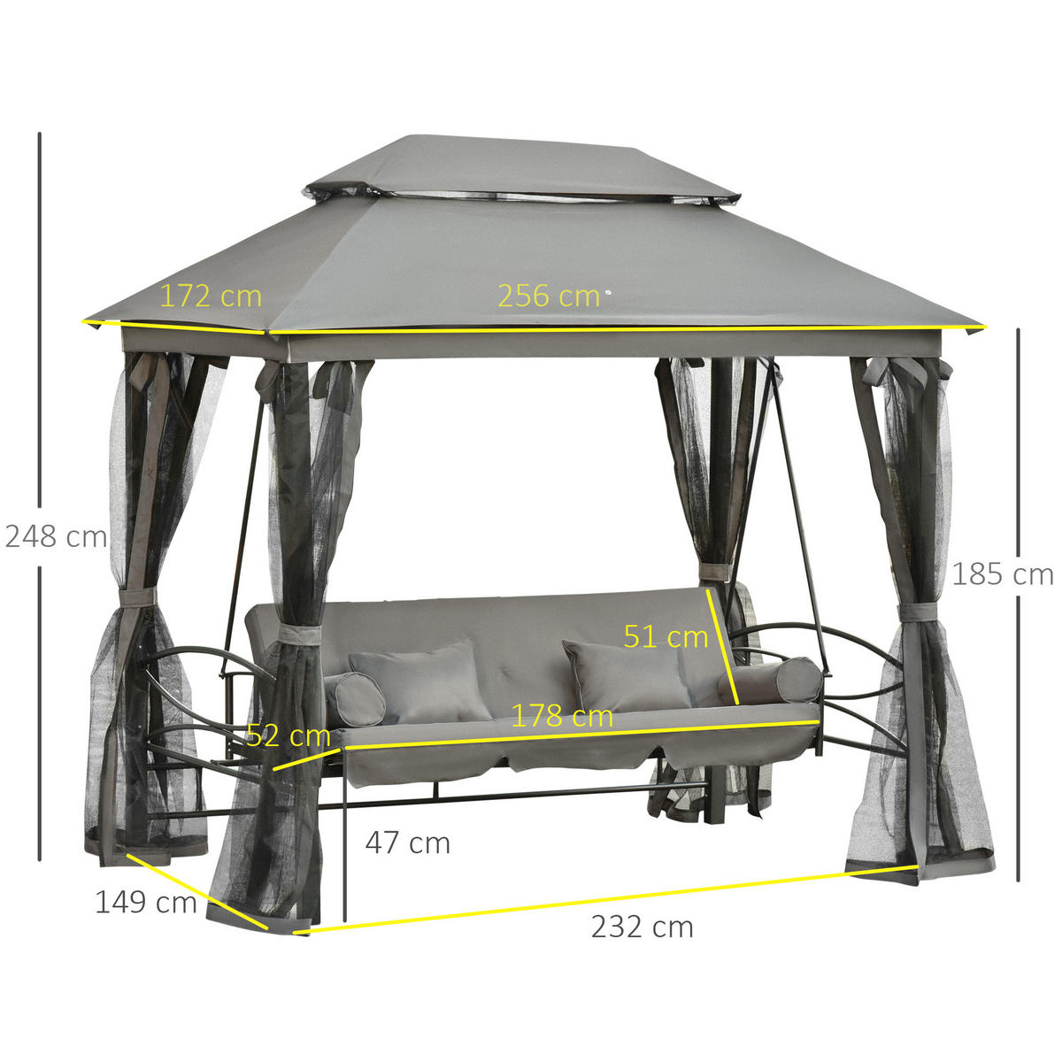 HOLLYWOODSCHAUKEL DE-06976 3-Sitzer, mit Seitenwänden & Moskitonetz, Liegefunktion Grau - Dunkelgrau, Metall (256/248/172cm) - ComfortXL