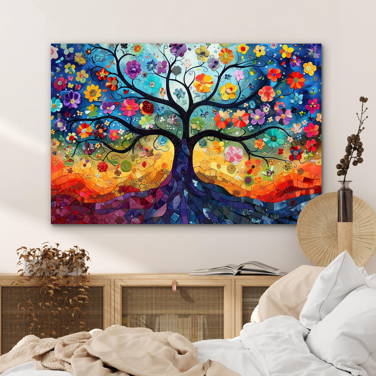 METALLBILD Kunst - Baum des Lebens - Blumen - Hippie 120x80 cm - Dunkelblau, Metall (120/80cm) - MuchoWow