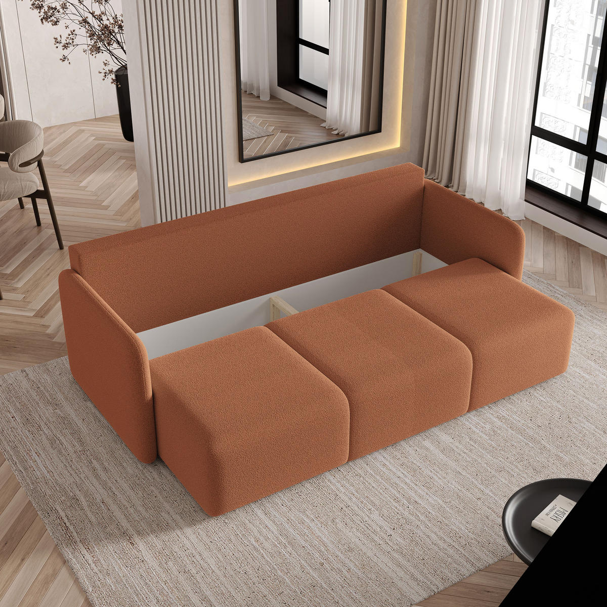 BETTSOFA SUVI III Q Hellbraun Bucle-Stoff mit Schlaffunktion - Braun, Textil (220/85/90cm) - MASSENO