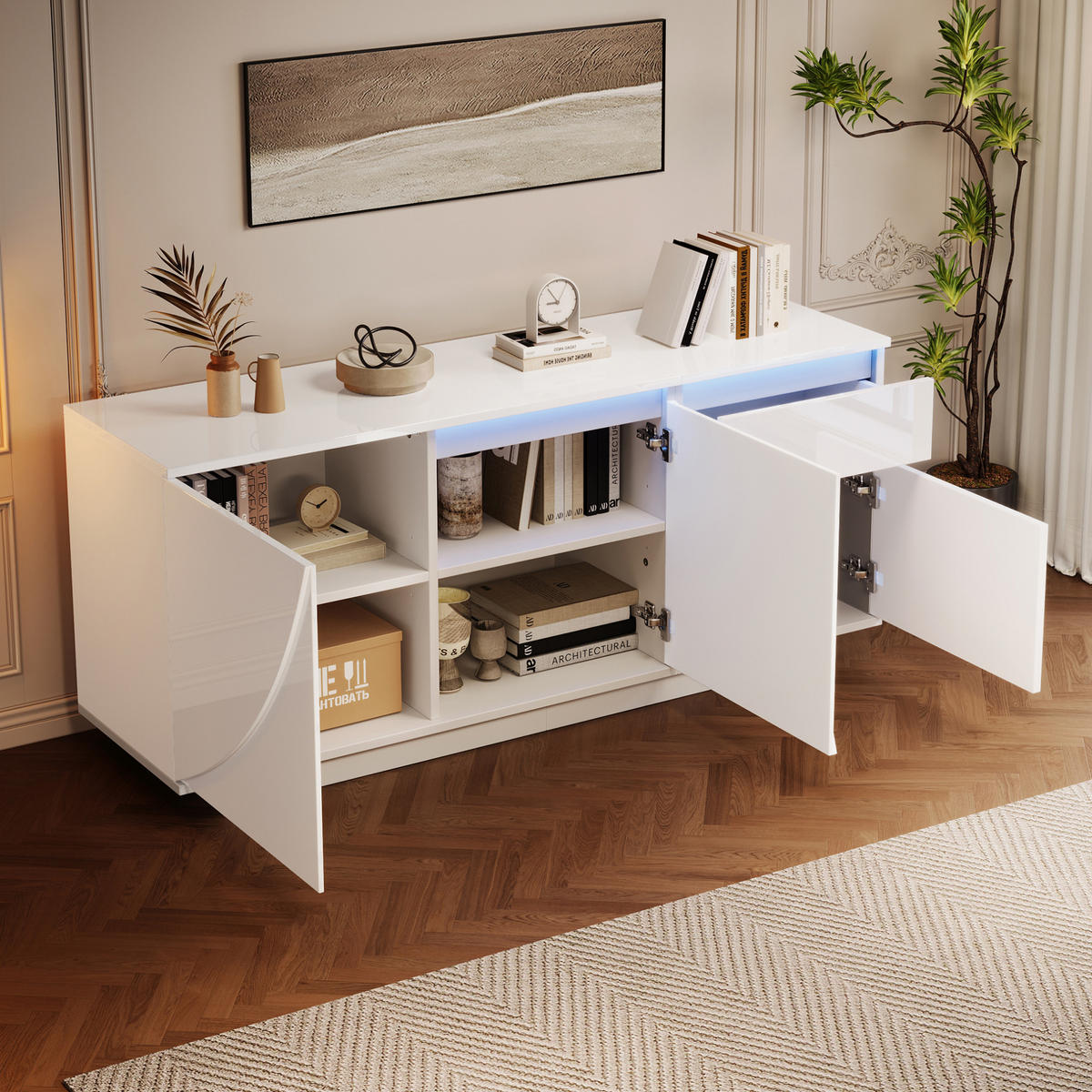 SIDEBOARD 140/40/60 cm Weiß aus MDF mit LED - Weiß, Holzwerkstoff (40/60/140cm) - OKMYHOME