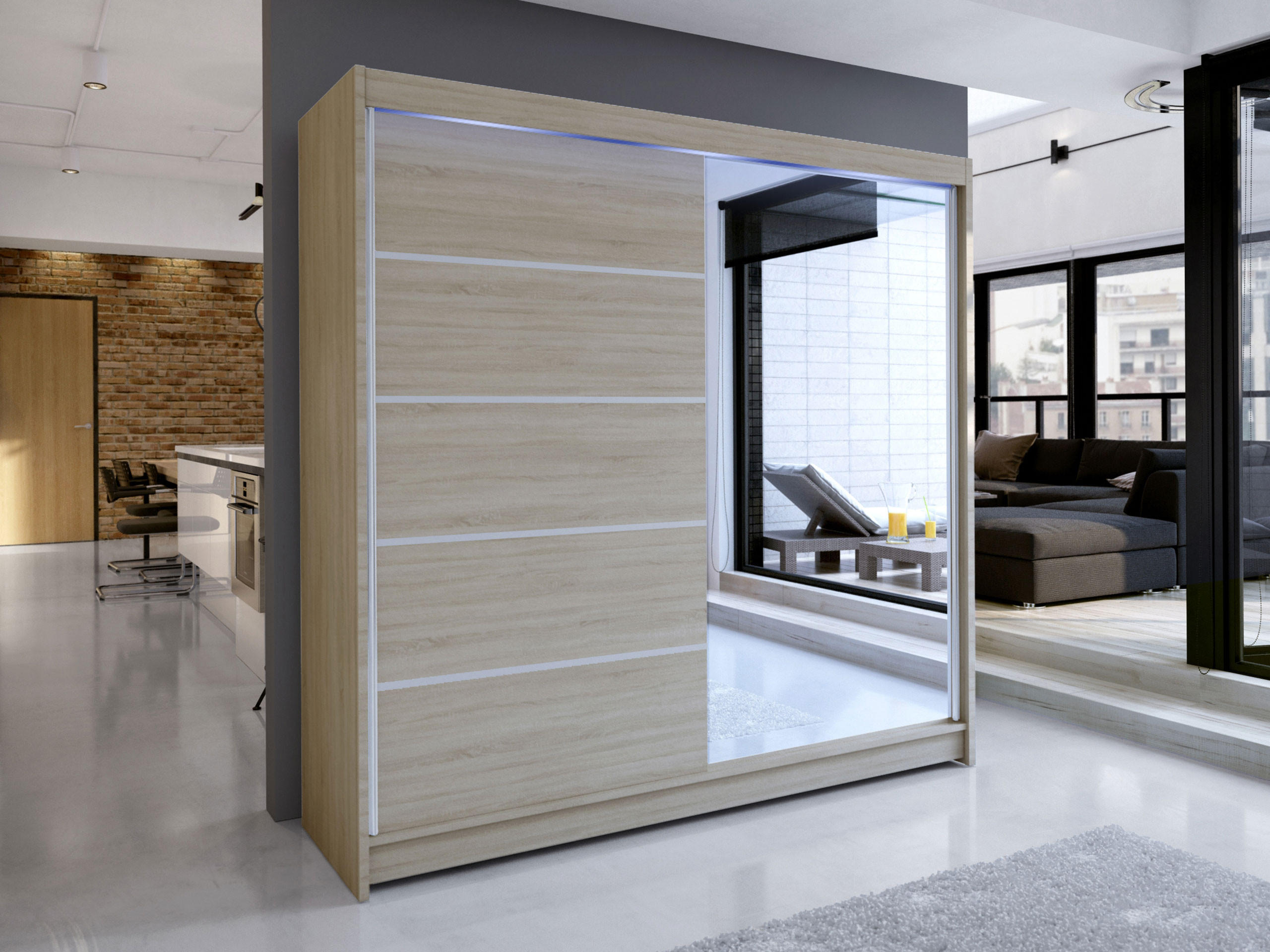 SCHWEBETÜRENSCHRANK Talin III, mit RGB LED Beleuchtung - Silberfarben/Sonoma Eiche, Holzwerkstoff/Metall (180/215/58cm) - MIRJAN24