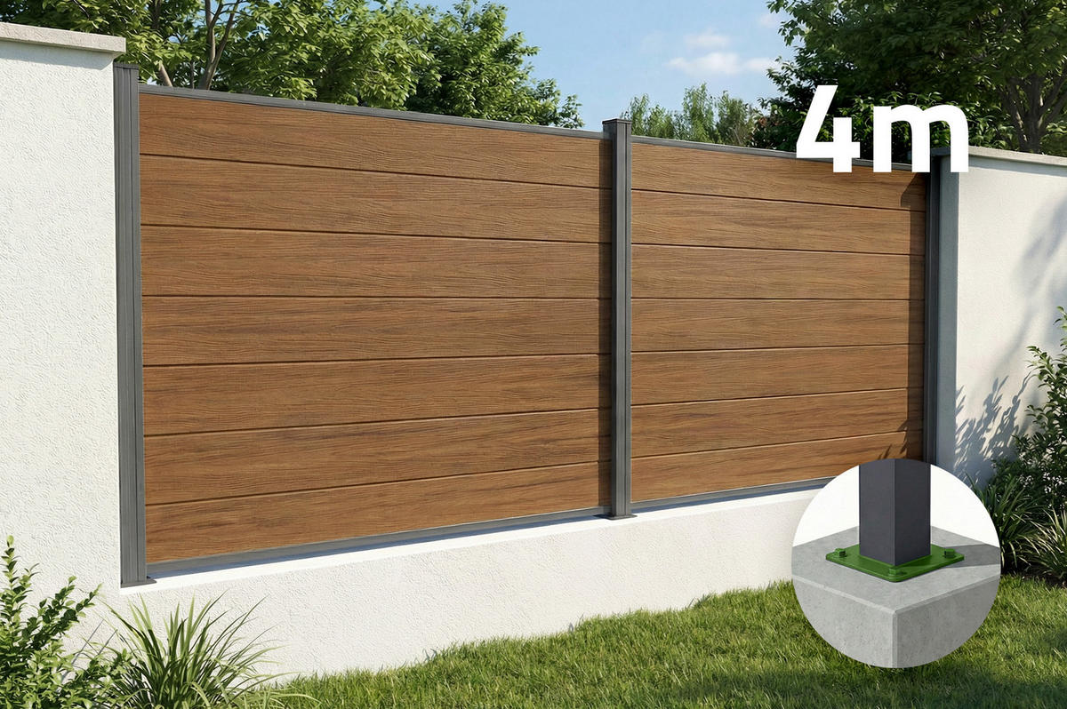 VERBUNDZAUN 4 m STOCKHORN, H. 150 cm, auf Teakholz-Fundamentplatte - Braun, Holzwerkstoff (200/150cm) - Casanoov