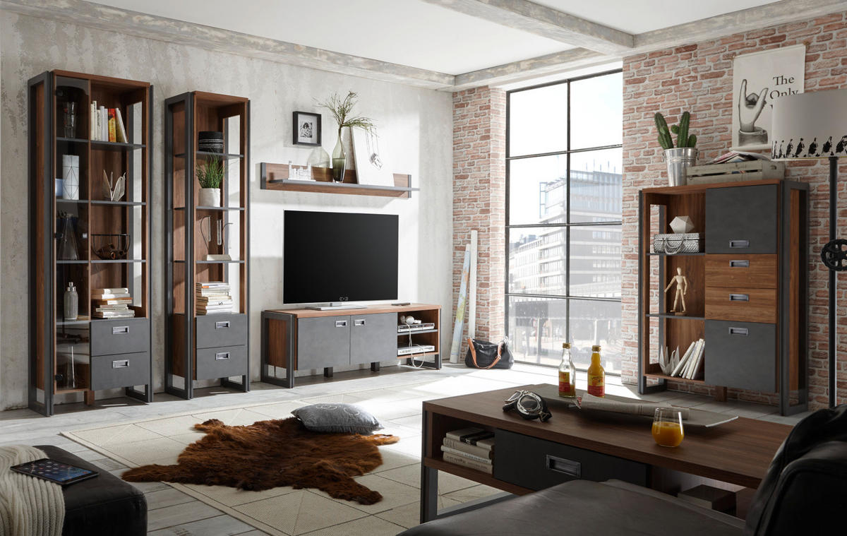 TV-LOWBOARD Eiche Stirling, Matera grau, TV Unterteil 156 x 53 cm - Eichefarben/Silberfarben, Holzwerkstoff/Metall (156/53/39cm) - Furn.Design