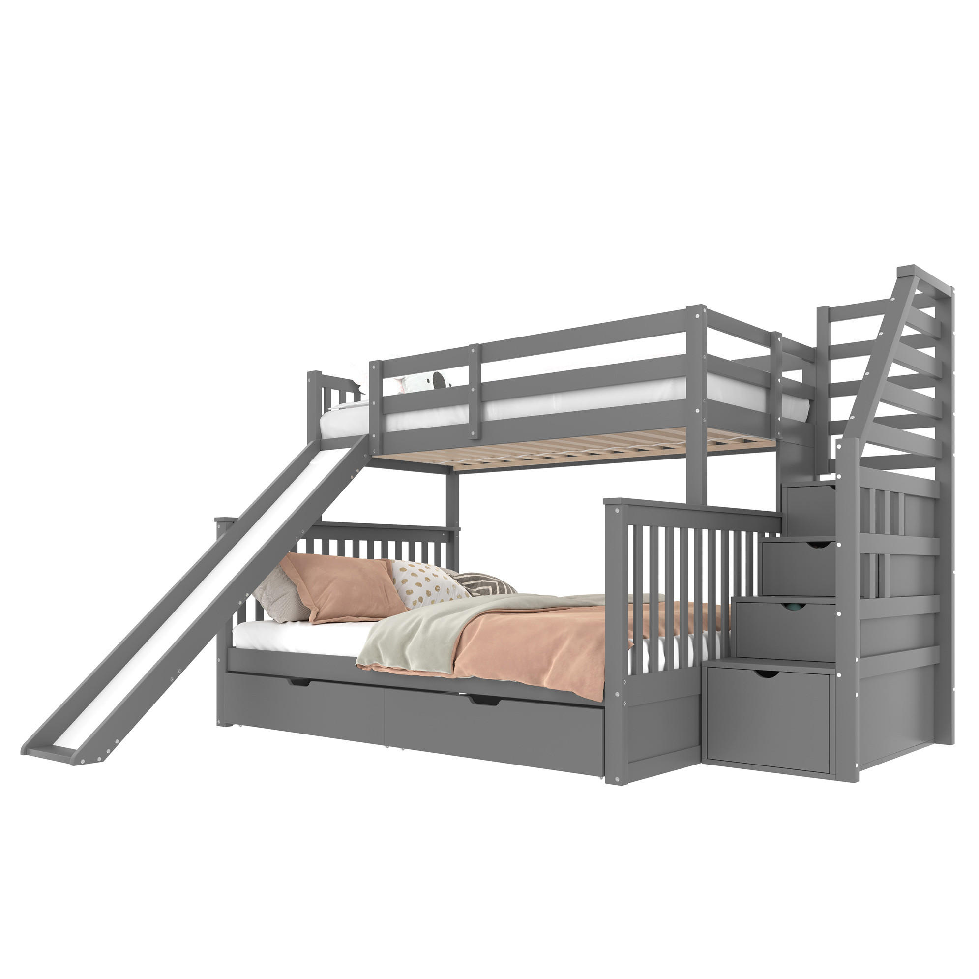 ETAGENBETT 90/200 cm Grau mit Schubladen und Rutsche aus Kiefernholz - Grau, Holz (90/200cm) - OKWISH