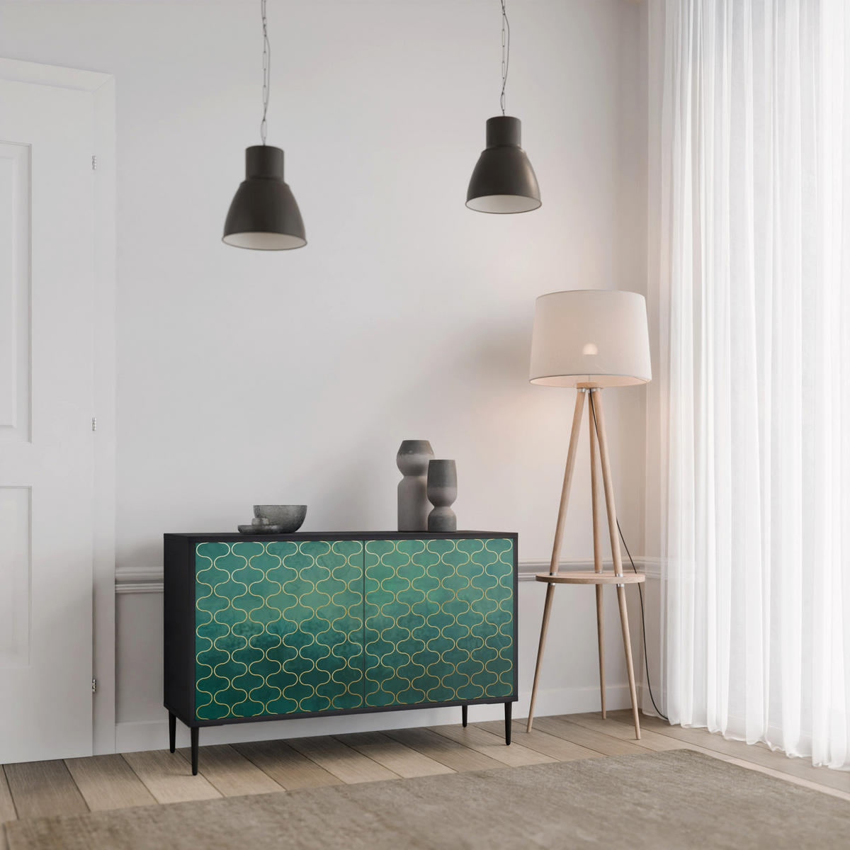 SIDEBOARD TESSELATED GREENERY, Eicheneffekt, 111x42x77,5 cm, 2 Türen - Eichefarben/Buchefarben, Holzwerkstoff/Buchenholz (111/77.5/42cm) - SpaceRebels