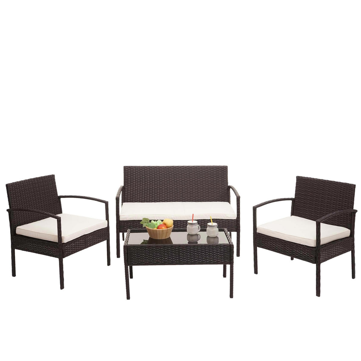 POLY-RATTAN GARNITUR Braun, Cremeweiß - Braun/Weiß, Kunststoff - MCW