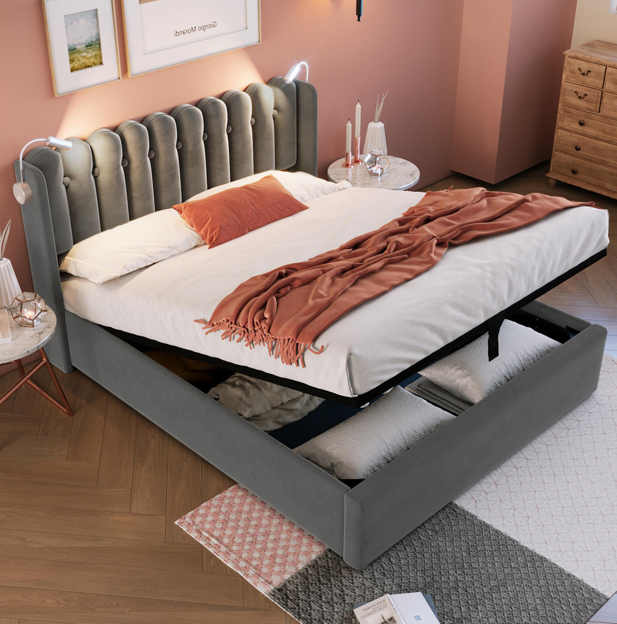 POLSTERBETT aus Samt 140x200 cm Grau mit Bettkasten, Leselicht und USB-Anschluss - Grau, Textil (140/200cm) - IVMEU