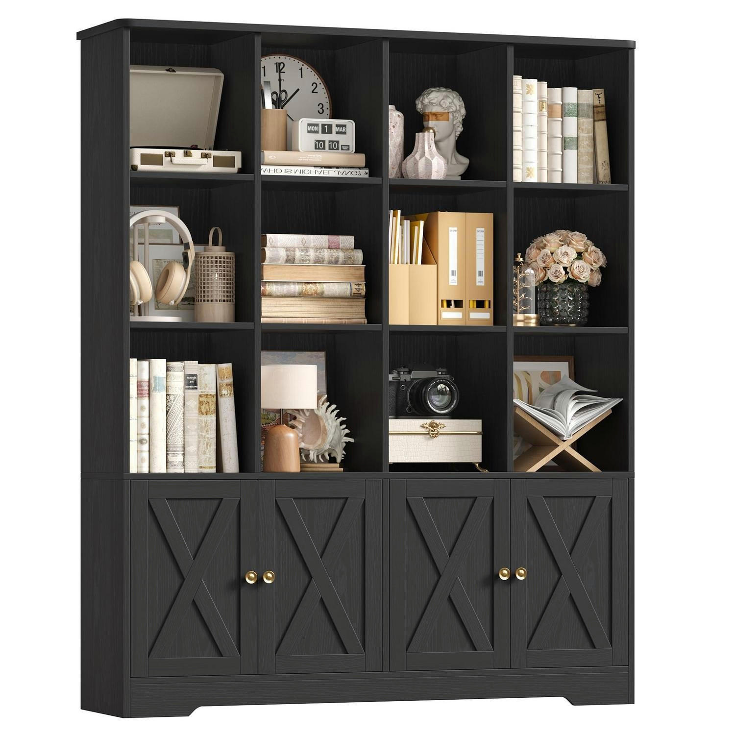 BÜCHERREGAL mit Türen Schwarz 144,8 x 29,8 x 121 cm - Schwarz, Holzwerkstoff (121/144.8/29.8cm)