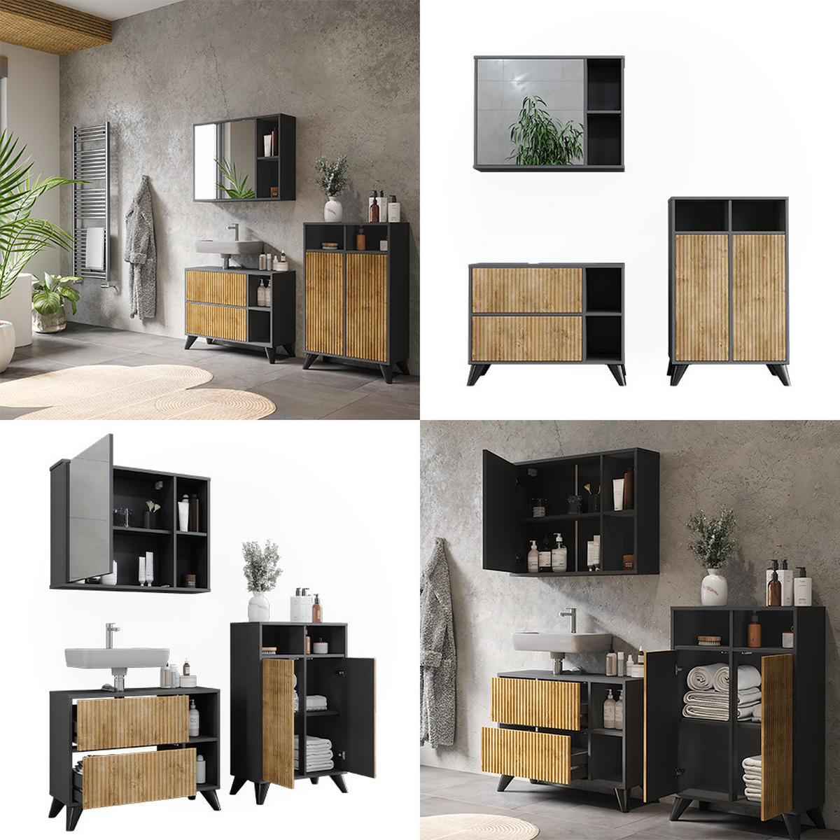 BADMÖBEL-SET Leano Anthrazit/Bergeiche 80 cm, Set 2 - Eichefarben/Anthrazit, Holzwerkstoff (80/62/30cm) - Vicco