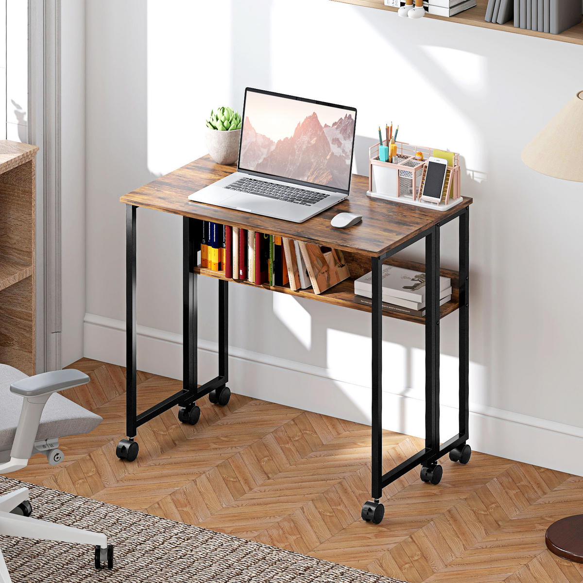 SCHREIBTISCH Braun klappbar mit Rollen und Ablage 80/50/75 cm - Rotbraun, Holzwerkstoff (50/80/75cm) - PANGIVO