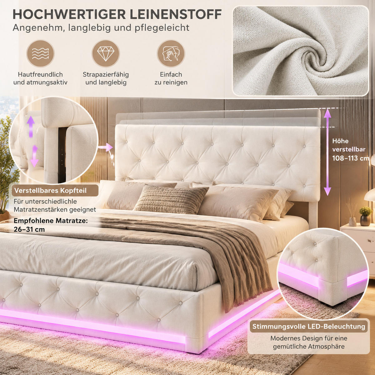 POLSTERBETT 160/200 cm mit Hydraulik-Stauraum & LED-Beleuchtung - Beige, Holz/Metall (160/200cm) - Joyfair