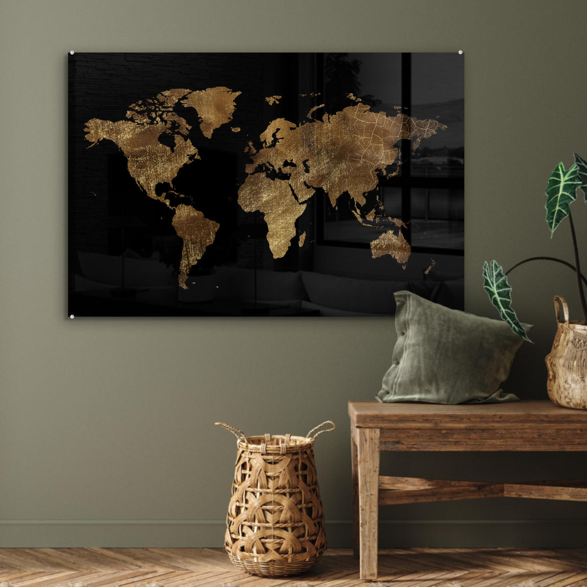 ACRYLGLASBILD Weltkarte - Gold - Luxus - Erde - Schwarz 120x80 cm - Goldfarben, Glas (120/80cm) - MuchoWow