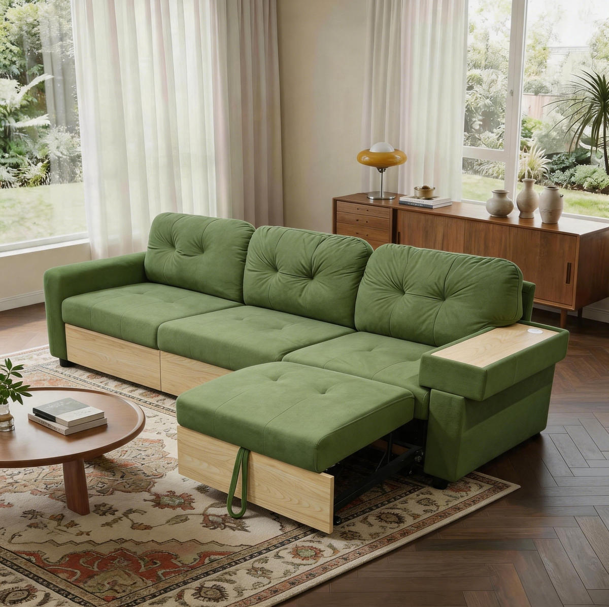 ECKSOFA 228/80/78 cm aus Samt mit ausziehbarer Ottomane und USB-Anschluss Grün - Grün, Textil (80/228cm) - Modenvie