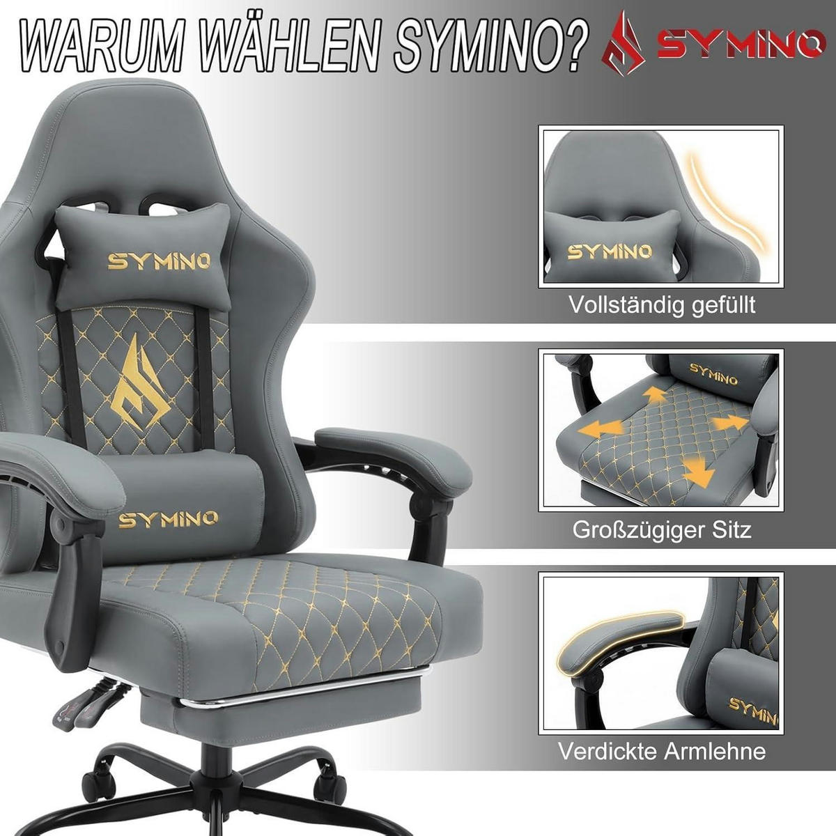 GAMING Stuhl mit Lendenwirbelstütze und Fußstütze Kunstleder Grau - Grau, Kunststoff (50/122/50cm)