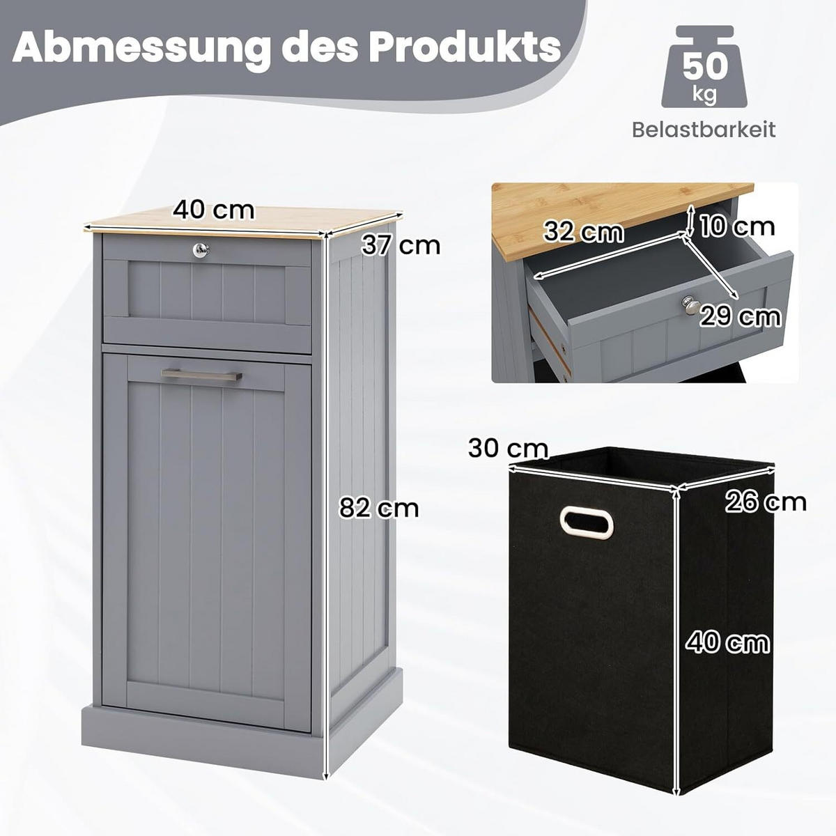 WÄSCHESCHRANK mit Wäschekorb grau - Grau, Holzwerkstoff (40/82/37cm) - COSTWAY