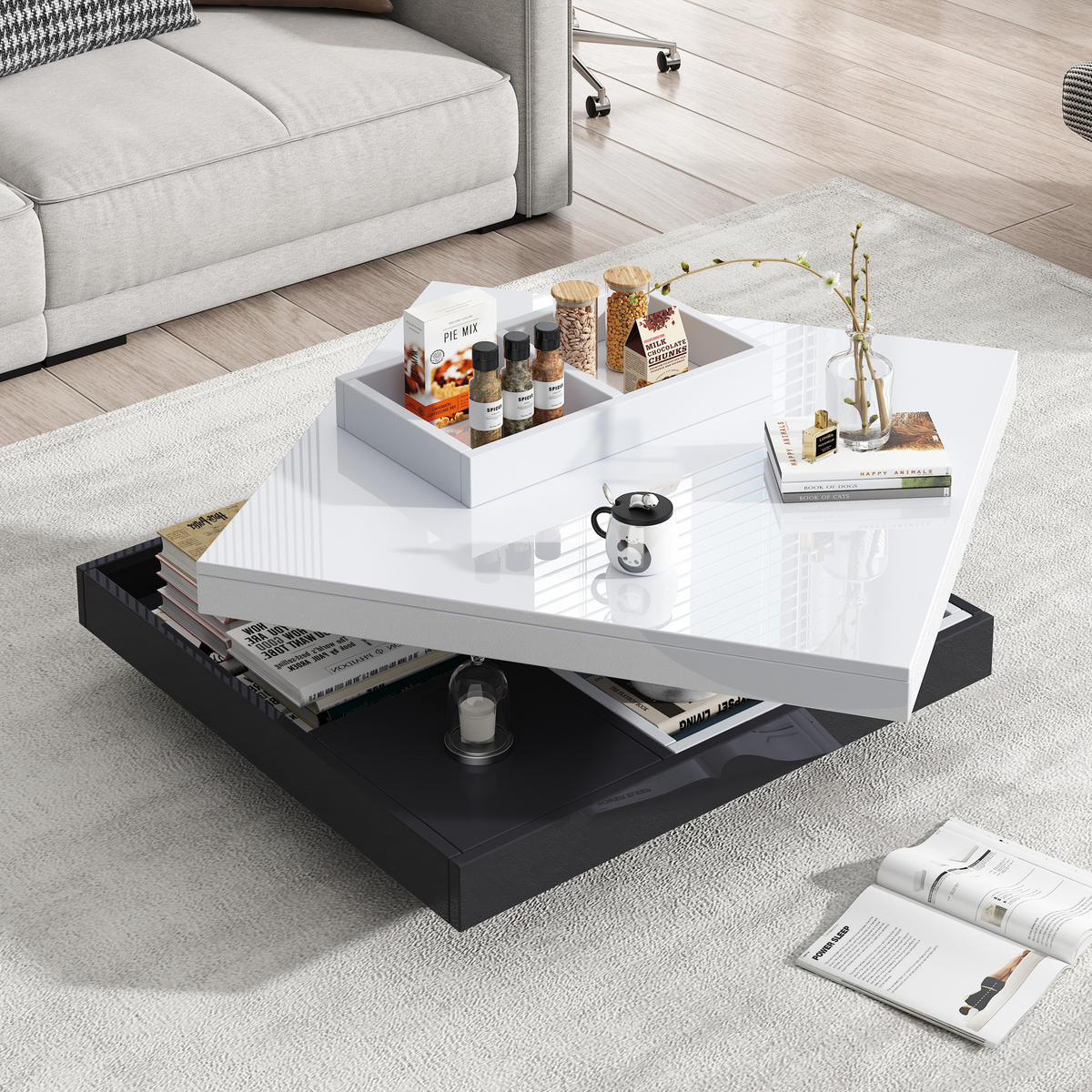 COUCHTISCH weiß-schwarz aus Spanplatte mit 360° drehbarer Tischplatte 70 × 70 × 36 cm - Weiß, Holzwerkstoff (70/70/36cm) - Luhomfu