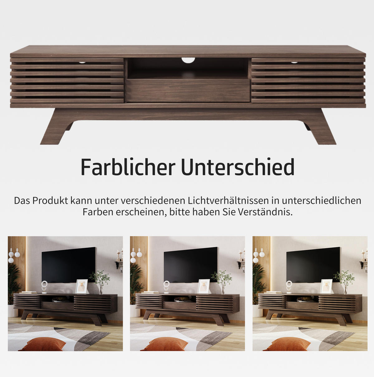 TV-LOWBOARD aus Spanplatte 150x35x44 cm Natur mit 2 Türen, Schublade und Kabeldurchführung im Vintage-Lamellendesign - Hellbraun, Holzwerkstoff (150/44/35cm) - Modfu