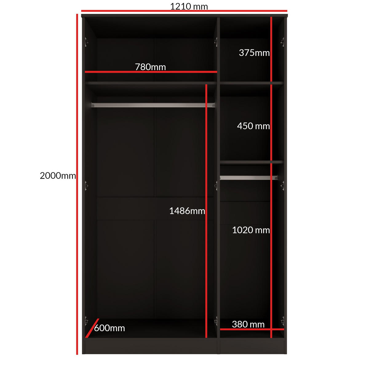 DREHTÜRENSCHRANK mit Spiegel Monza 3D 120 Schwarz - Schwarz/Grau, Holzwerkstoff/Metall (120/200/60cm) - mzm24