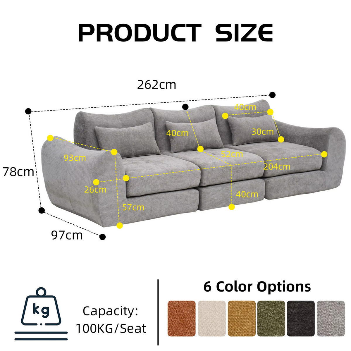 SCHLAFSOFA 3-Sitzer Chenille, Montagefreies Kompressionssofa, Schwarz - Schwarz, Textil (262/78/97cm) - Kaket