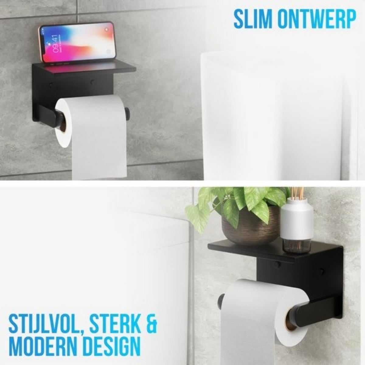 TOILETTENPAPIERHALTER Schwarz mit Ablage klebend oder Bohrung für Toilettenpapier - Schwarz, Metall (10/10/14cm) - MCBOSON