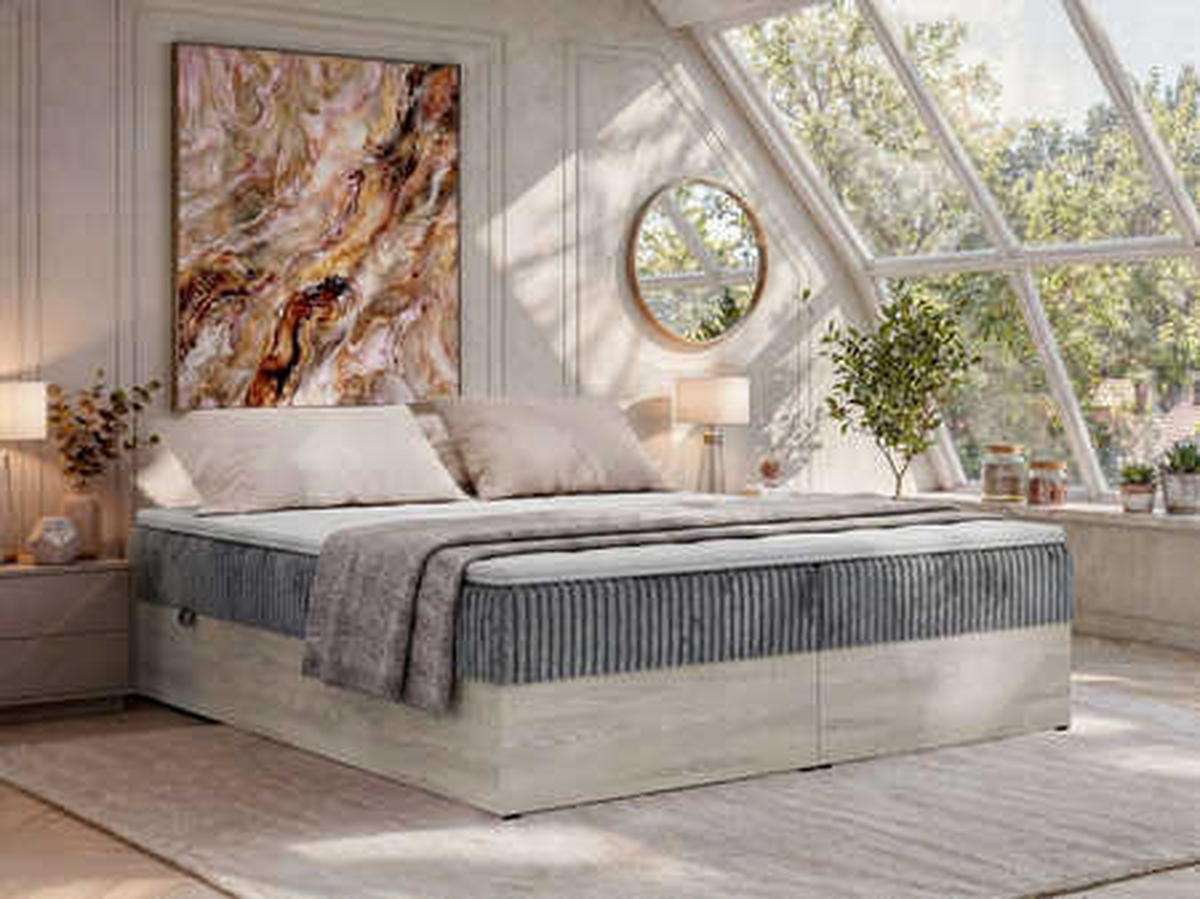 BOXSPRINGBETT NORDIC ZERO 140/200 - Grau Cord - Topper Visco - H4 - Schwarz/Grau, Kunststoff/Textil (140/200cm) - MKS