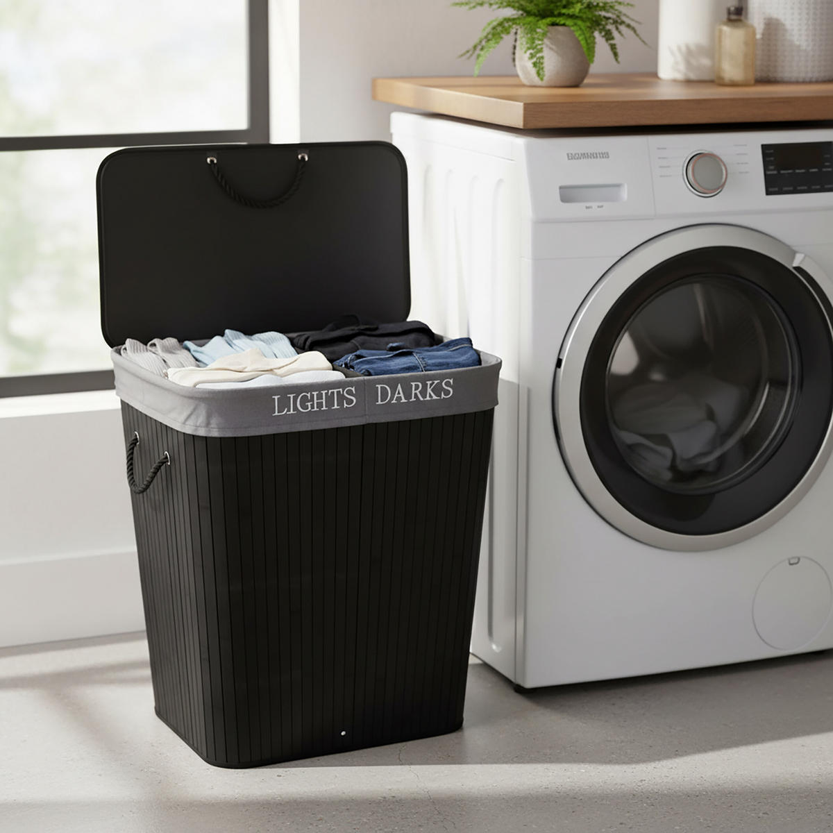 WÄSCHEKORB Bambus - Schwarz, Holz/Textil (52/63/32cm) - Relaxdays