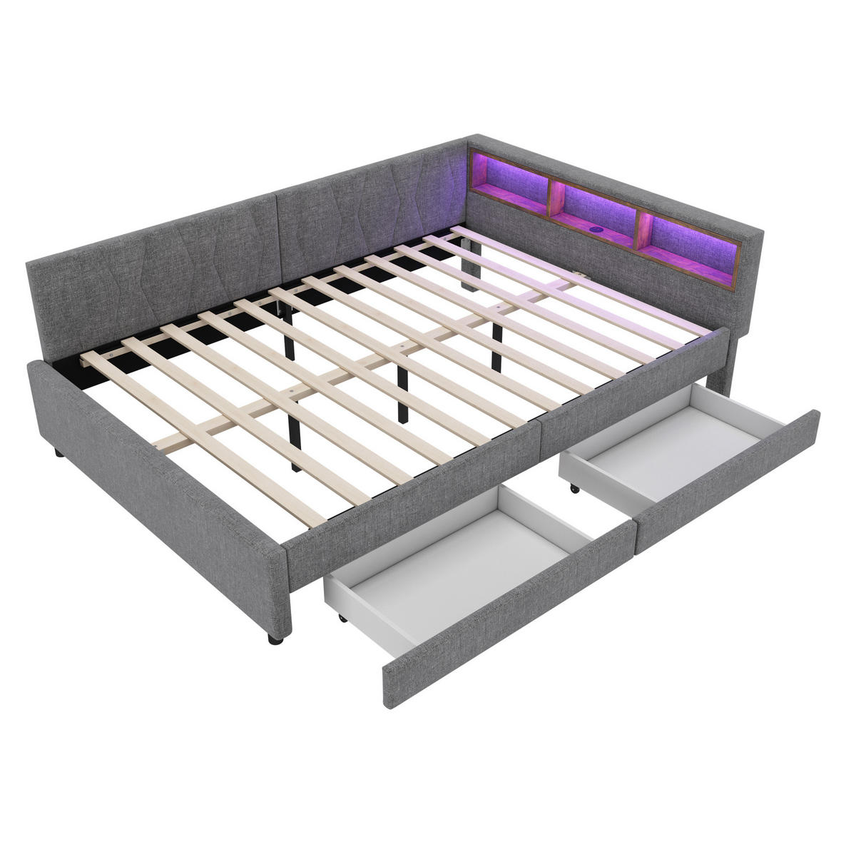 KREVET 140/200 cm s LED osvjetljenjem, USB+Type C priključkom i dvije ladice, Siva - siva, tekstil (140/200cm) - Redom