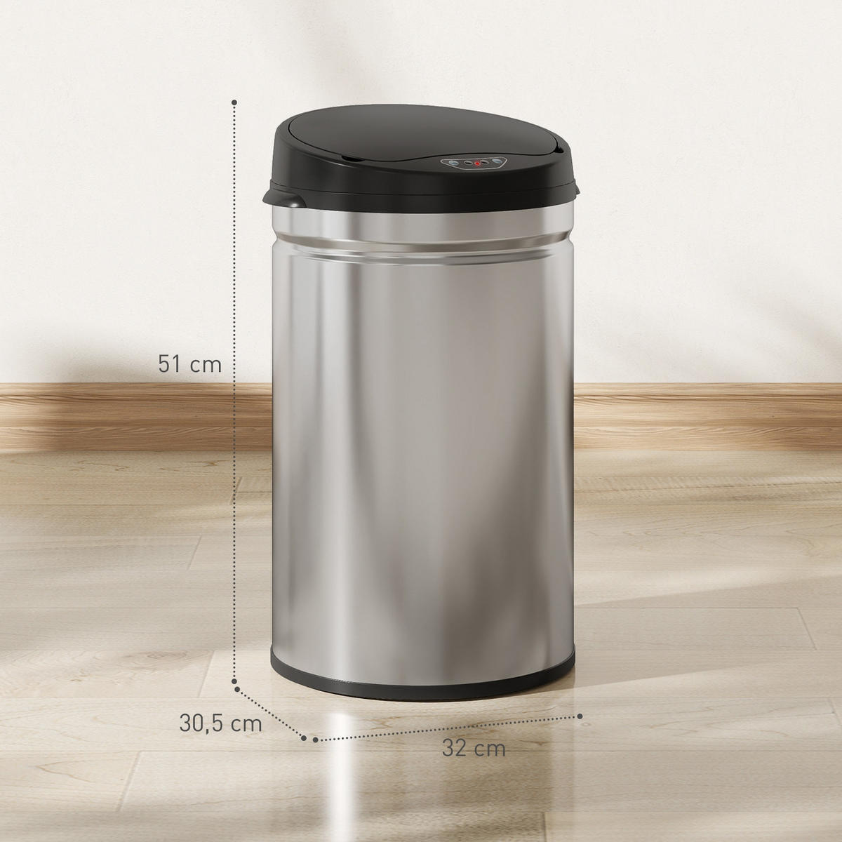 MÜLLEIMER mit Sensor 30L 32/30,5/51 cm Edelstahl Silber AUTOMATISCHE ÖFFNUNG Küche - Silberfarben, Metall (30.5/51/32cm) - Rolipo
