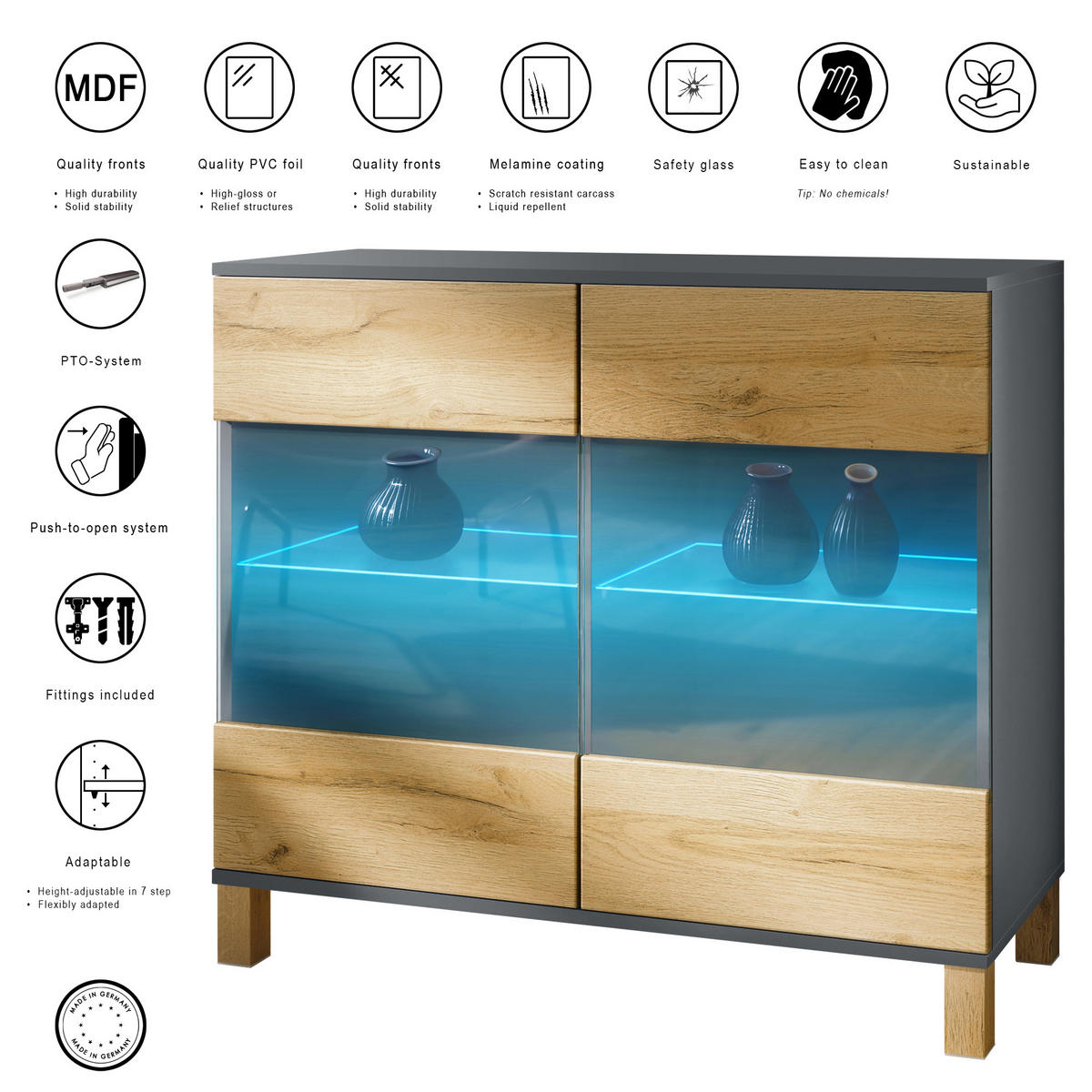 KOMMODE Bari Eiche Natur - Eichefarben, Holzwerkstoff (92.5/84.5/35cm) - Vladon